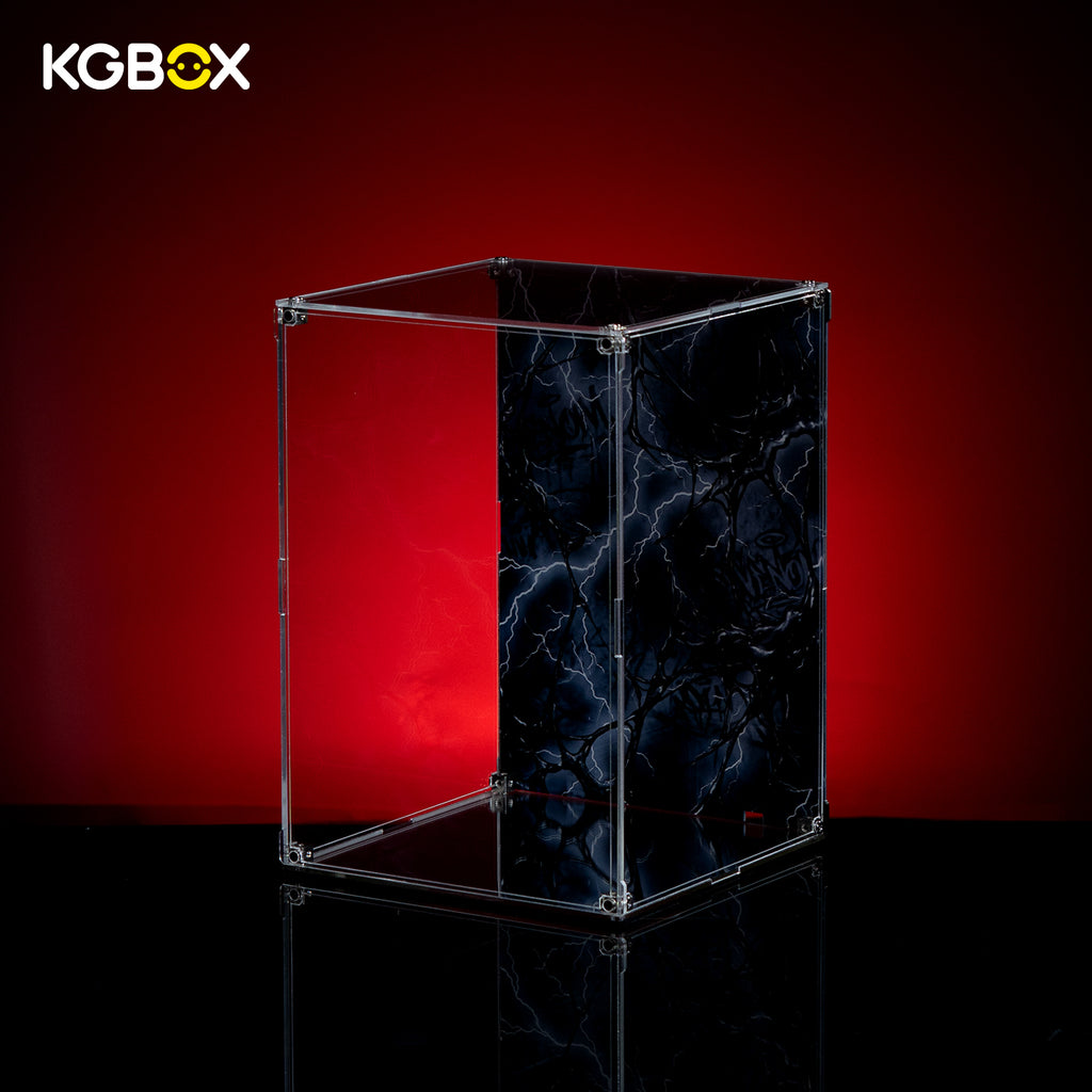 Empty modular spliced acrylic display case for LEGO 76356 Venom Bust, showing mirror base and UV backplate, no figure