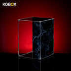 Empty modular spliced acrylic display case for LEGO 76356 Venom Bust, showing mirror base and UV backplate, no figure