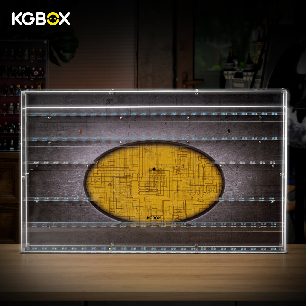 Empty KGBOX LED wall‑mount showcase with 5mm upgraded outer frame, full‑frame LED glow, no LEGO minifigures or logo included