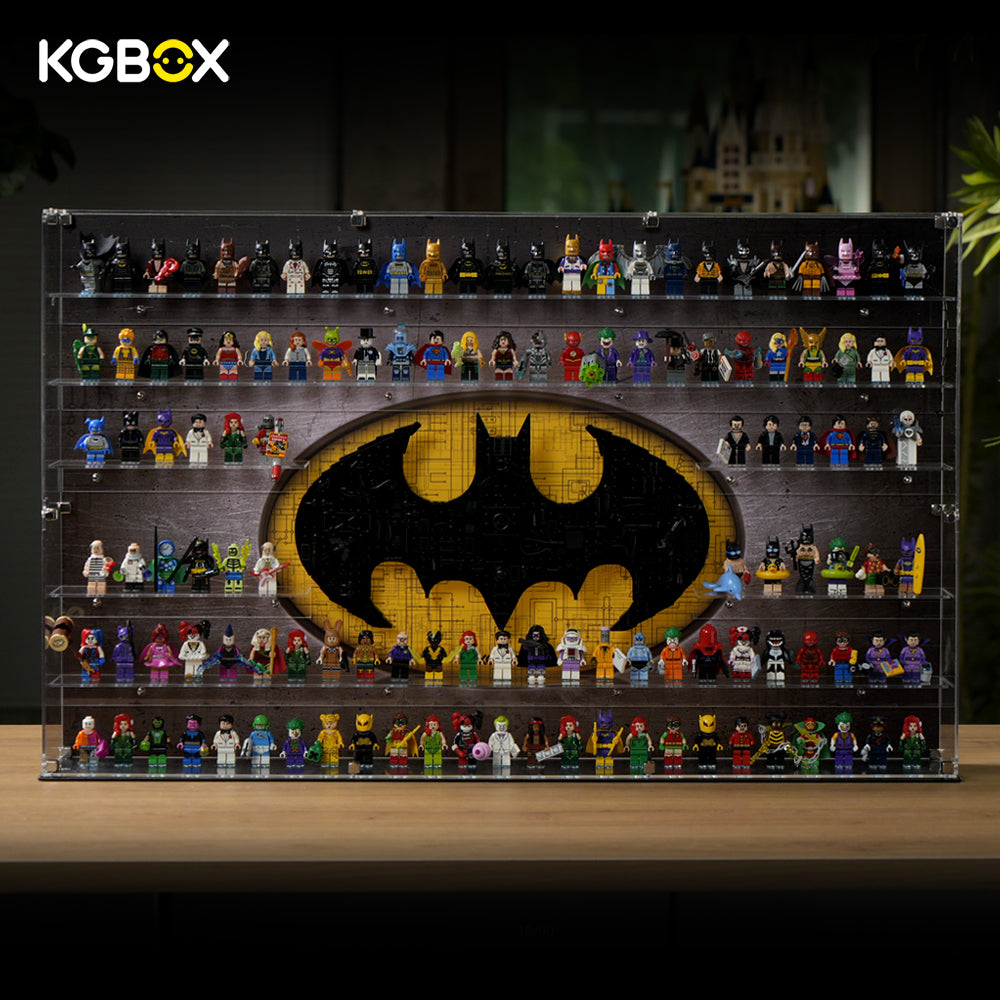 KGBOX standard full‑3mm wall‑mount acrylic display case loaded with LEGO 76330 Batman Logo and 124 Batman minifigures, front view
