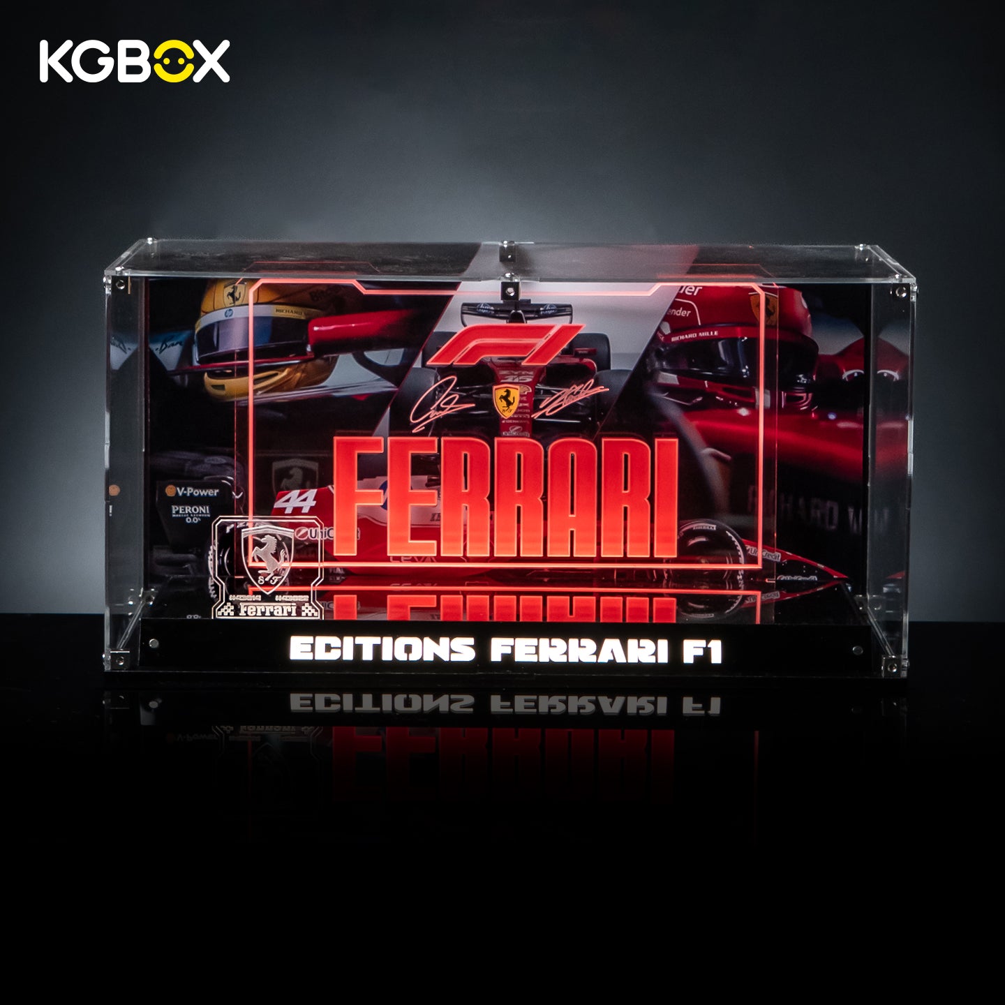 Empty KGBOX Premium Collector Modular Edition showcase with LED lighting, dual nameplates and laser‑etched insert, UV backplate & mirror base, no LEGO helmets