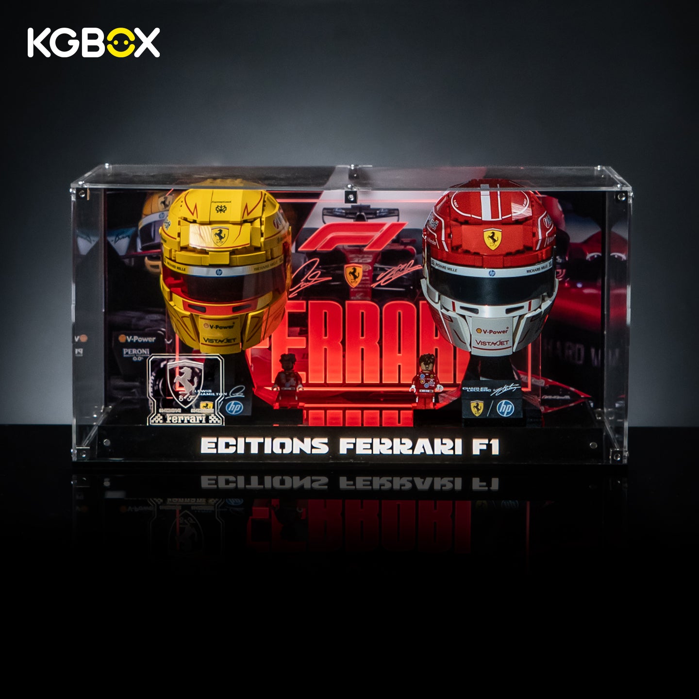 KGBOX Premium Collector Modular Edition lit display case with LED lights, dual nameplates & laser‑etched insert for LEGO 43014 & 43022 Ferrari helmets, front lit view