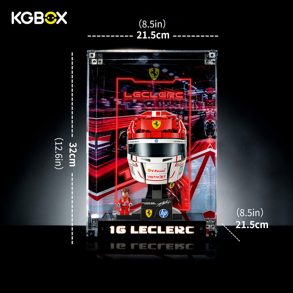Size dimension chart and assembly reference for KGBOX display case for LEGO 43014 Charles Leclerc Ferrari Helmet