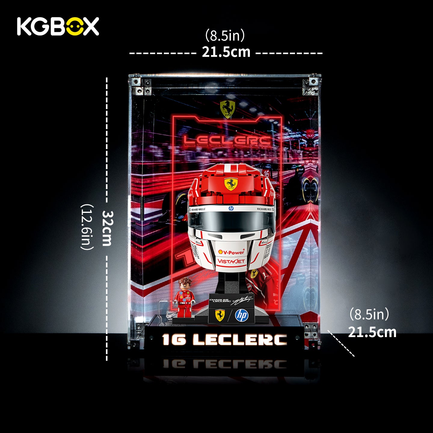 Size dimension chart and assembly reference for KGBOX display case for LEGO 43014 Charles Leclerc Ferrari Helmet