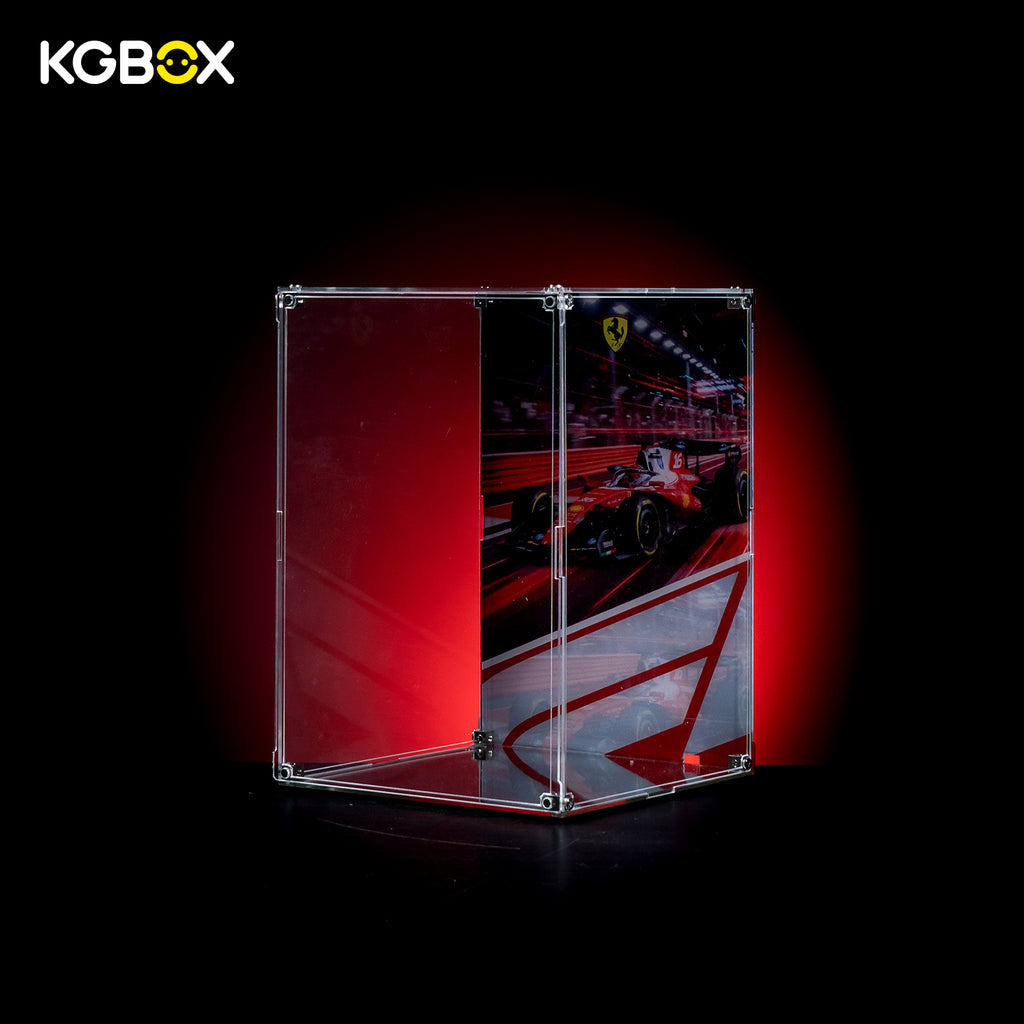 Side profile of KGBOX Modular Assembly Edition acrylic display case for LEGO 43014 Charles Leclerc Ferrari Helmet