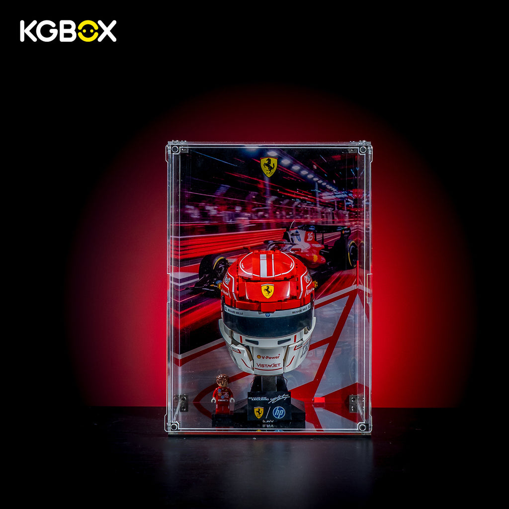 KGBOX Modular Assembly Edition acrylic display case loaded with LEGO 43014 Charles Leclerc Ferrari Helmet, UV backplate, magnetic door and mirror base, front view