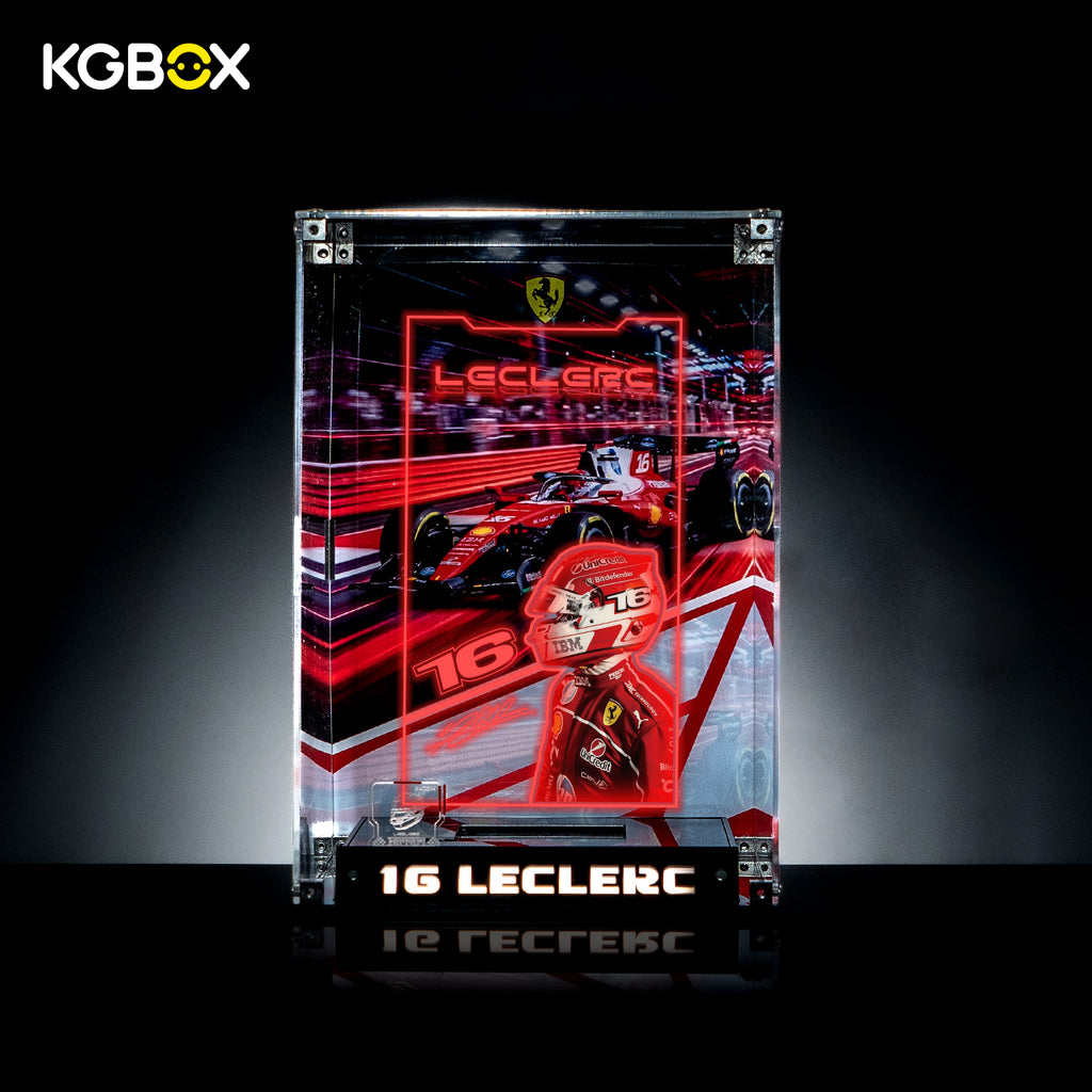Empty KGBOX Premium Collector Modular Edition showcase with LED lighting, nameplate and laser‑etched insert, UV backplate & mirror base, no LEGO helmet