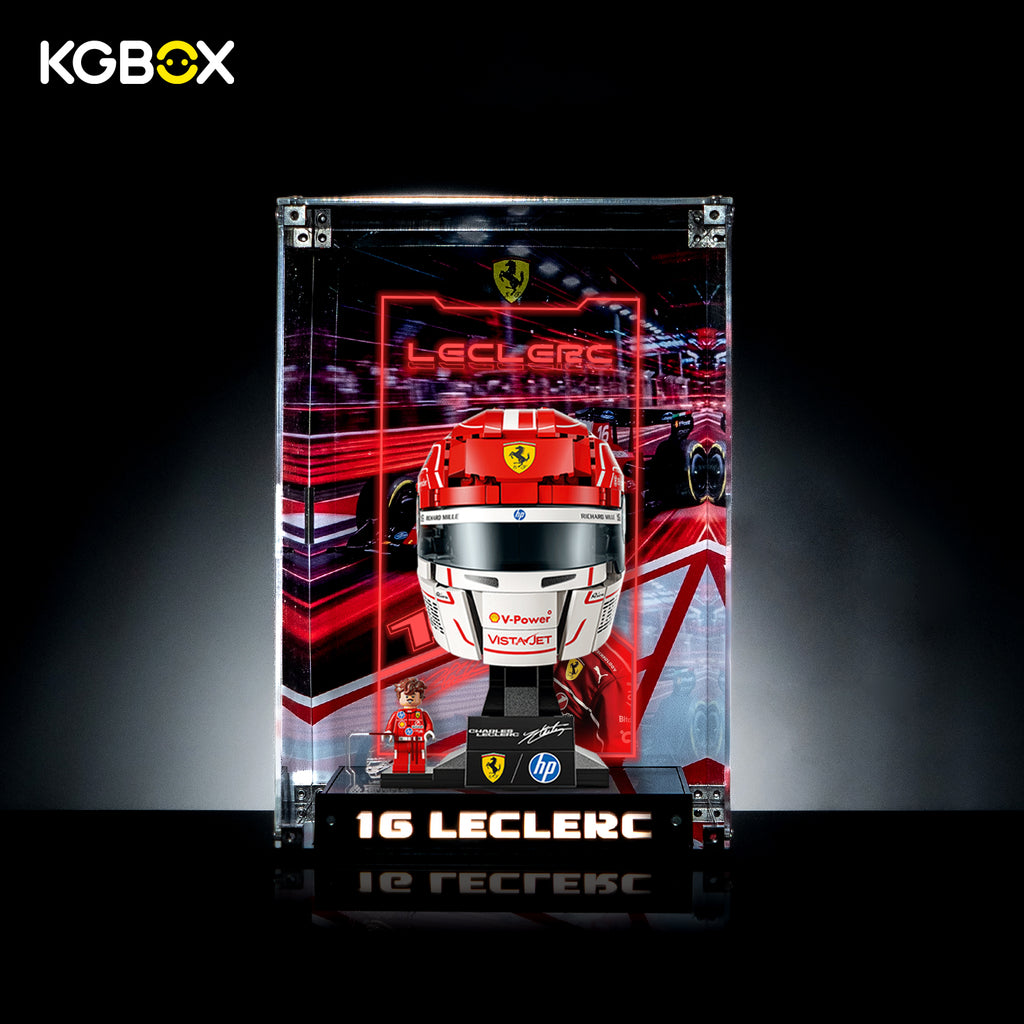 KGBOX Premium Collector Modular Edition display case with LED lights, engraved nameplate & laser‑etched insert, loaded with LEGO 43014 Charles Leclerc Ferrari Helmet, front lit view