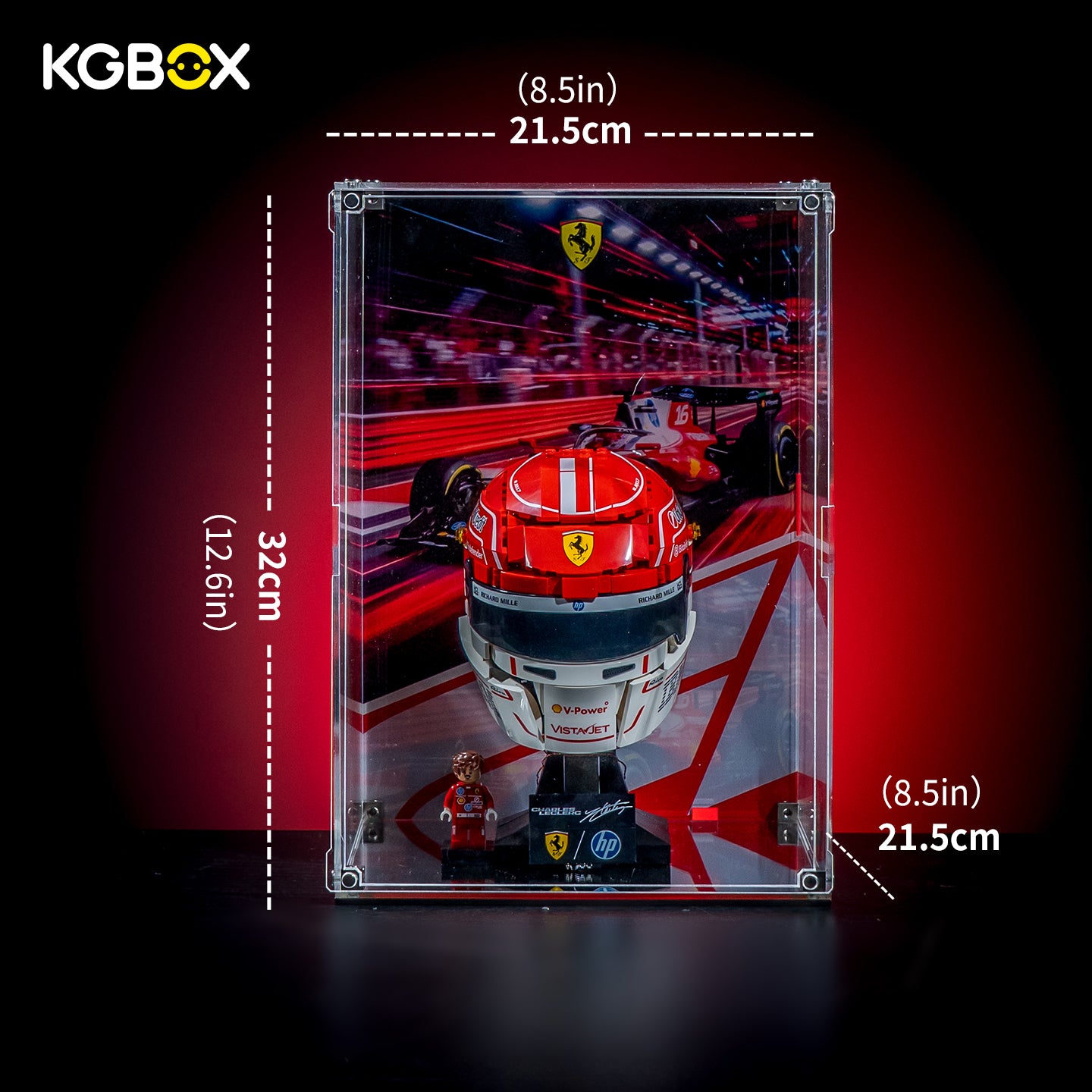 ize dimension chart and assembly reference for KGBOX display case for LEGO Charles Leclerc Ferrari Helmet