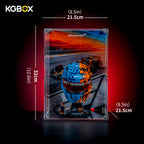 Size dimension chart and assembly reference for KGBOX standard display case for LEGO 43017 Oscar Piastri McLaren Helmet
