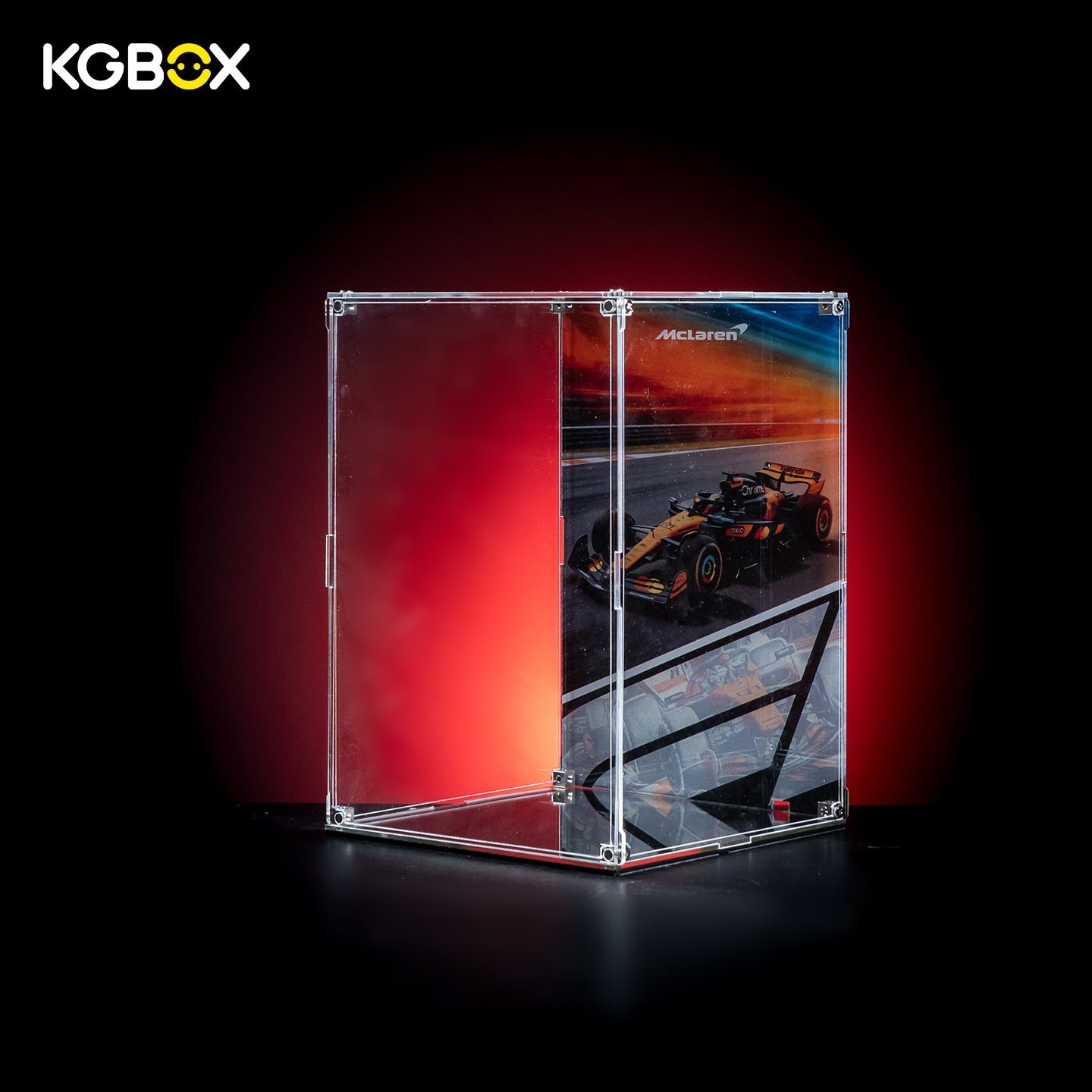 Empty KGBOX Modular Assembly Edition acrylic showcase for LEGO43017 Oscar Piastri McLaren Helmet, UV‑printed backplate, mirror bottom, no helmet included