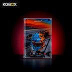 KGBOX Modular Assembly Edition acrylic display case loaded with LEGO 43017 Oscar Piastri McLaren Helmet, UV backplate, magnetic door and mirror base, front view