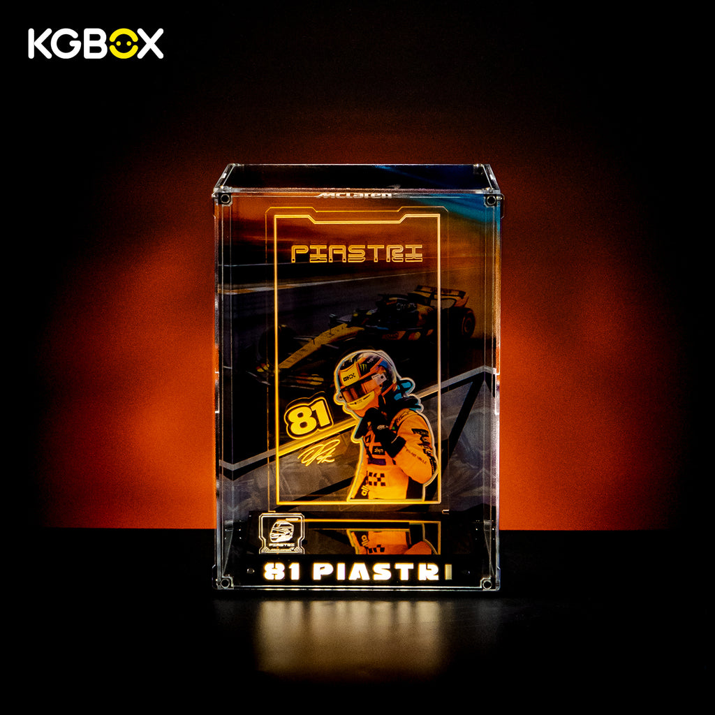 Empty KGBOX Premium Collector Modular Edition showcase with LED lighting, nameplate and laser‑etched insert, UV backplate & mirror base, no LEGO helmet