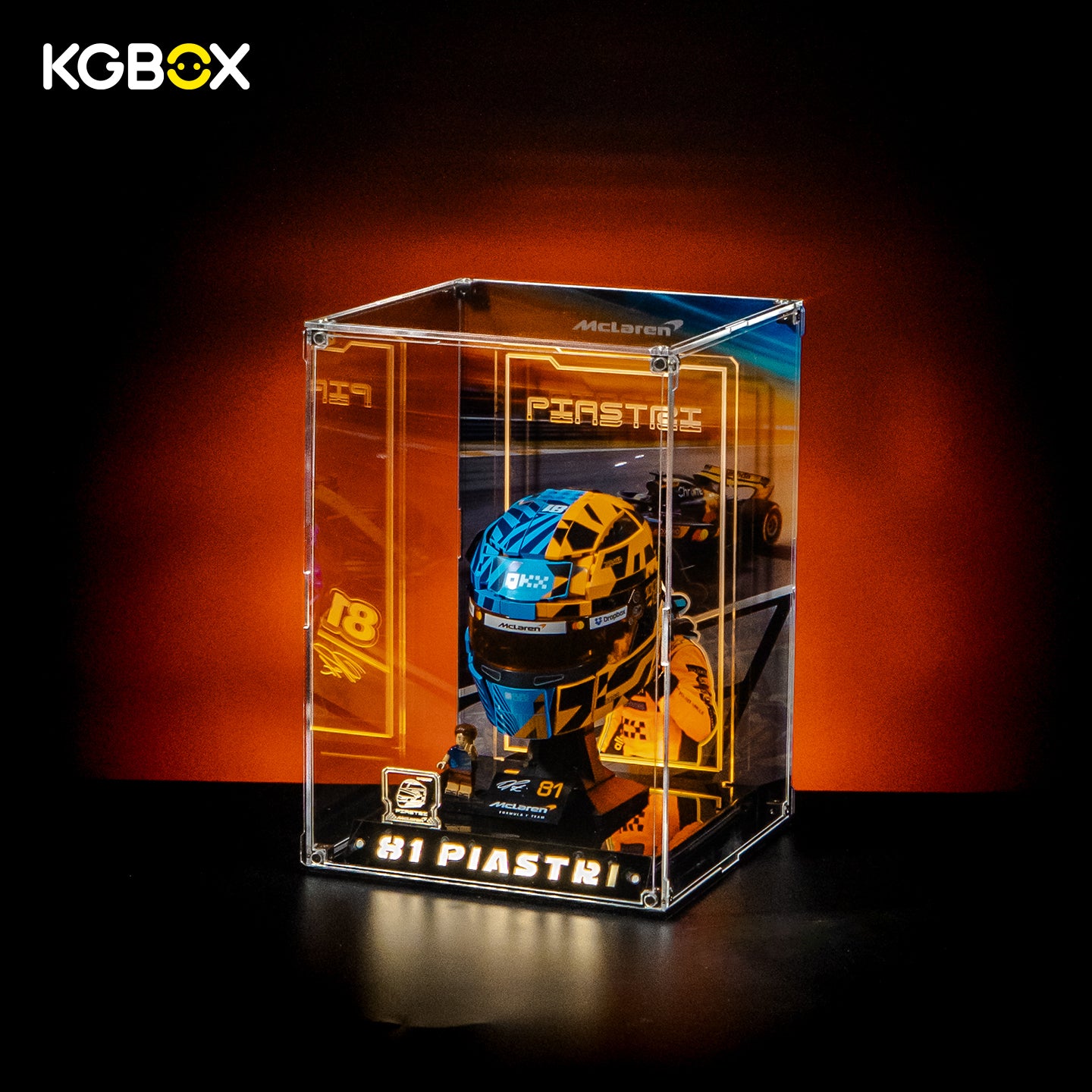 Side profile of KGBOX Premium Collector Modular Edition lit display case for LEGO 43017 Oscar Piastri McLaren Helmet