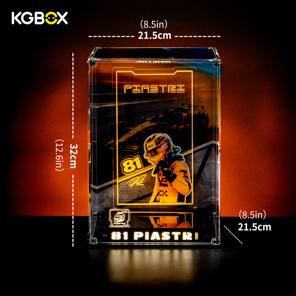 Size dimension chart and assembly reference for KGBOX display case for LEGO 43017 Oscar Piastri McLaren Helmet