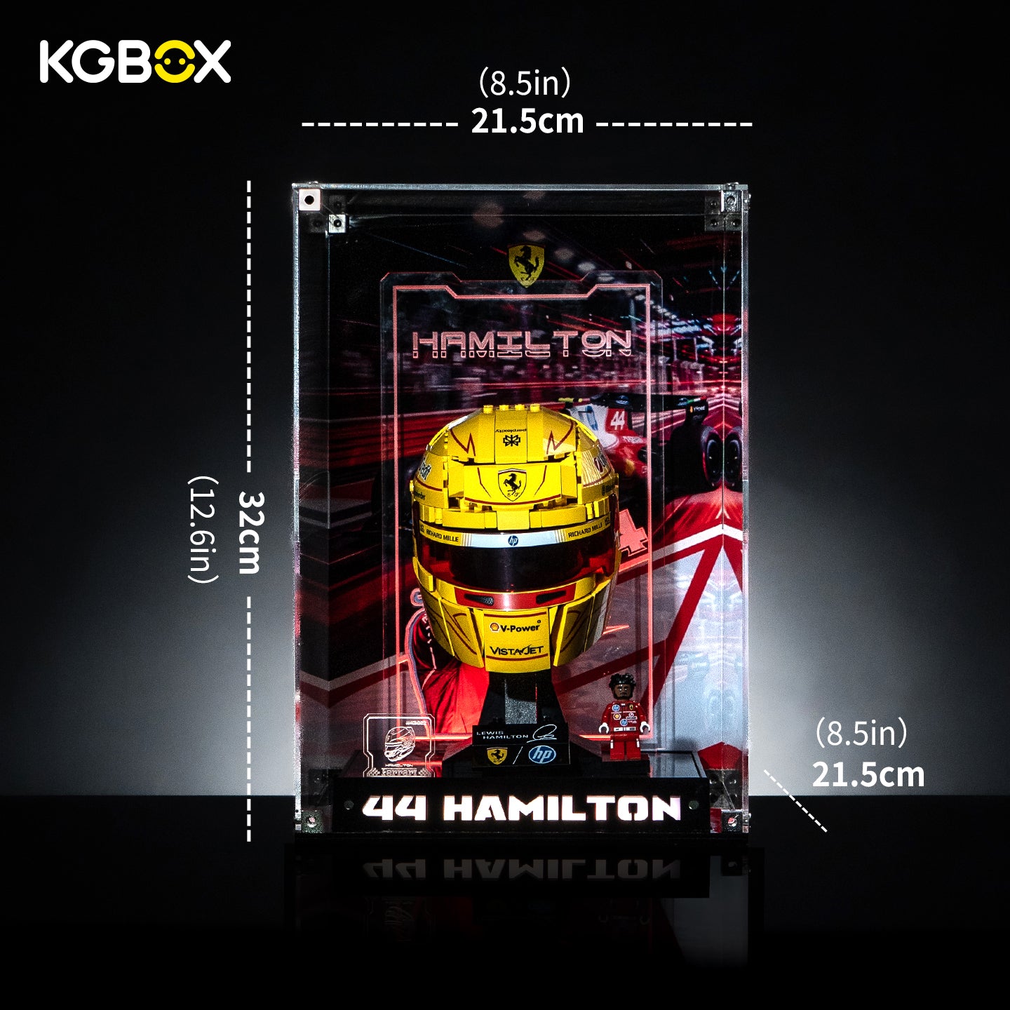 Comparison of KGBOX Premium Collector Edition for LEGO 43022 Lewis Hamilton Ferrari Helmet display case
