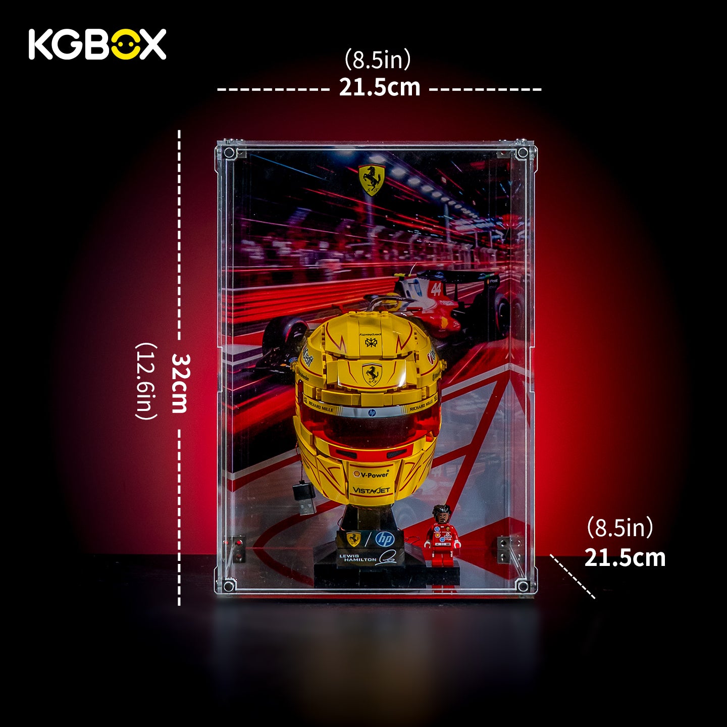Size dimension and assembly guide for KGBOX LEGO 43022 Lewis Hamilton Helmet display case
