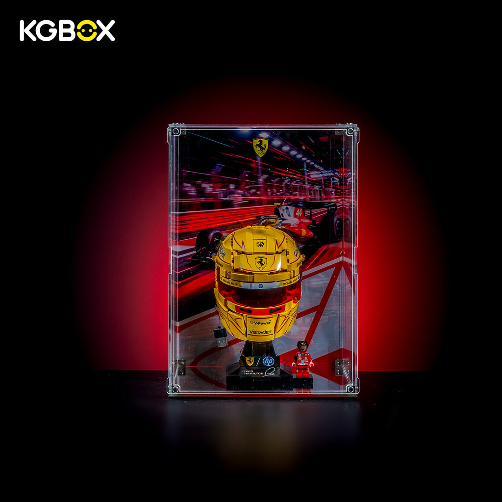 KGBOX Modular Assembly Edition display case for LEGO 43022 Lewis Hamilton Ferrari Helmet, UV backplate, magnetic door and mirror base, front view