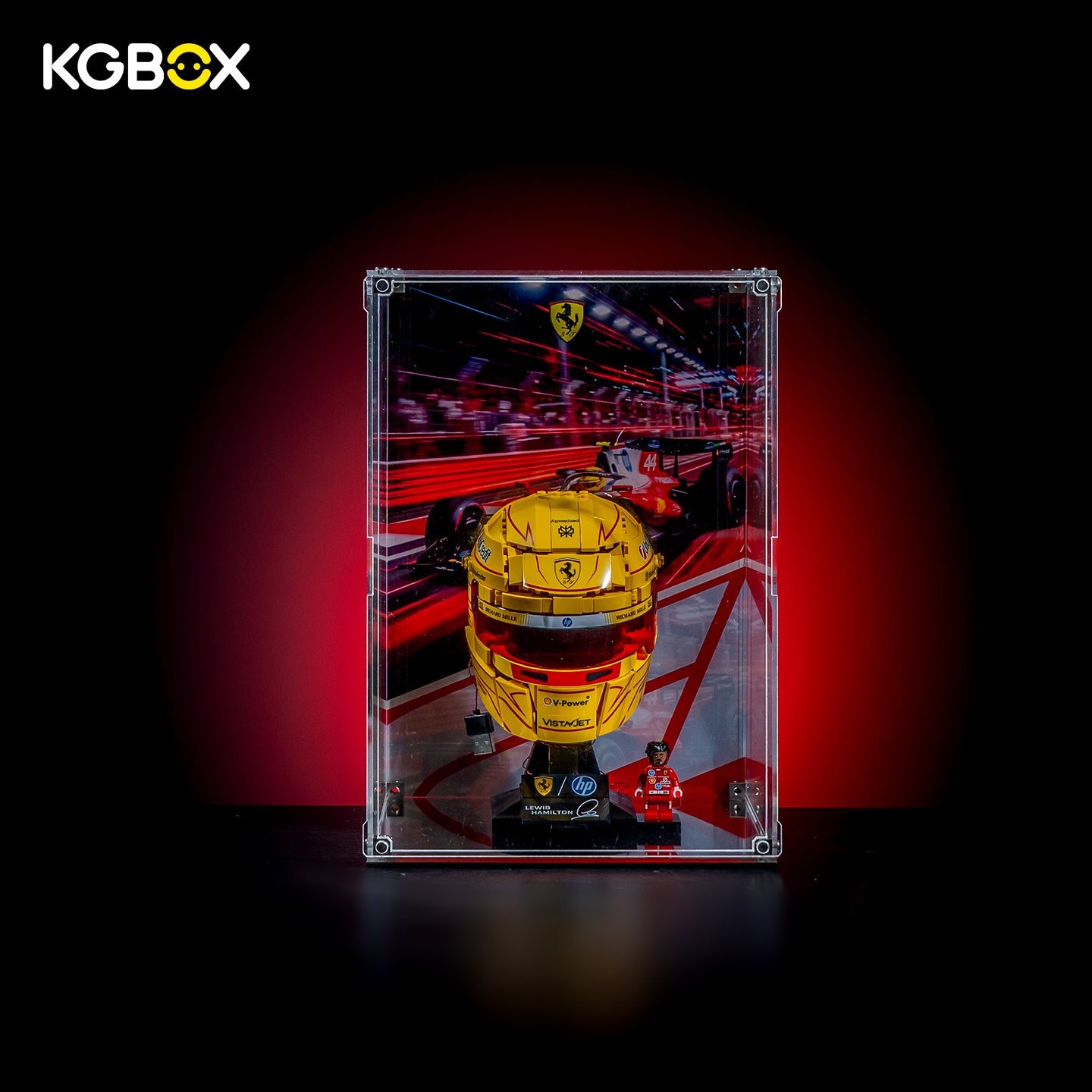 KGBOX Modular Assembly Edition display case for LEGO 43022 Lewis Hamilton Ferrari Helmet, UV backplate, magnetic door and mirror base, front view
