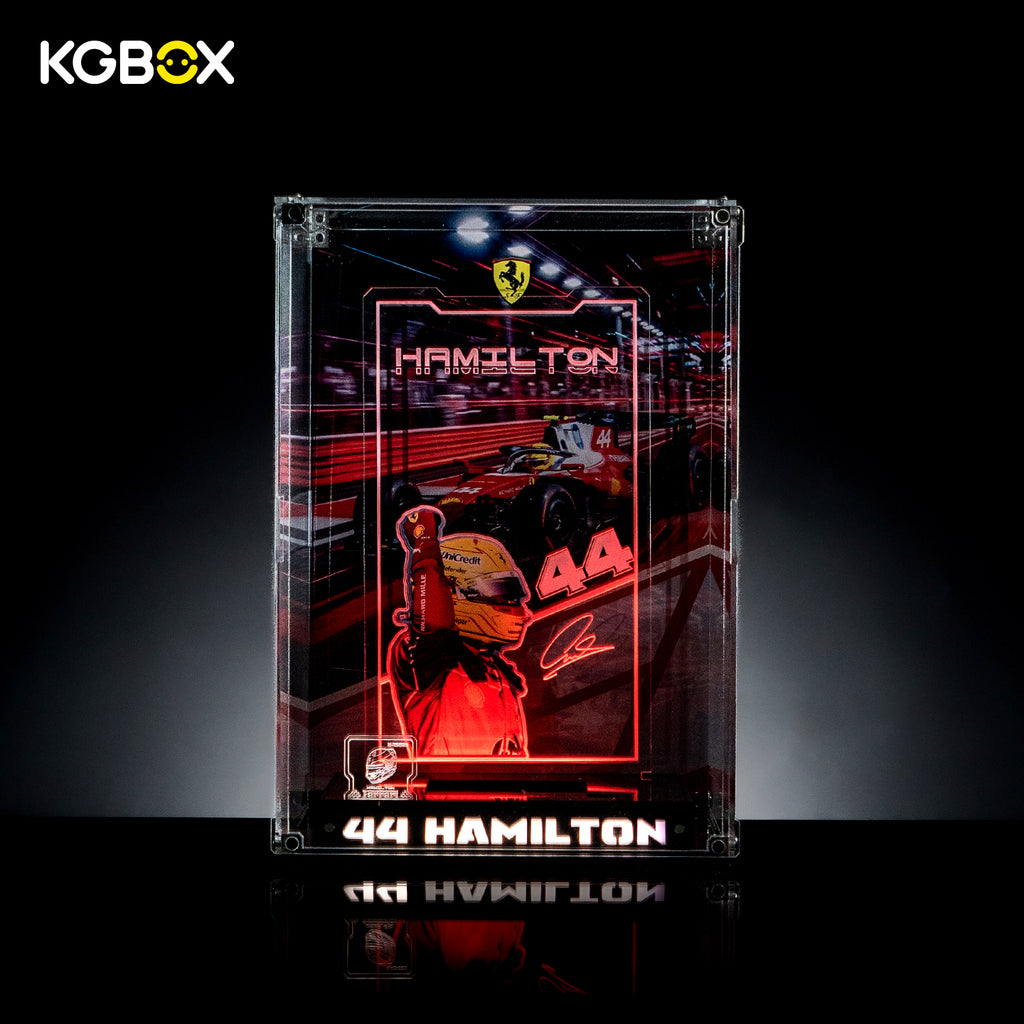 Empty KGBOX Premium Collector Edition display case with LED lighting, custom nameplate and laser-etched panel