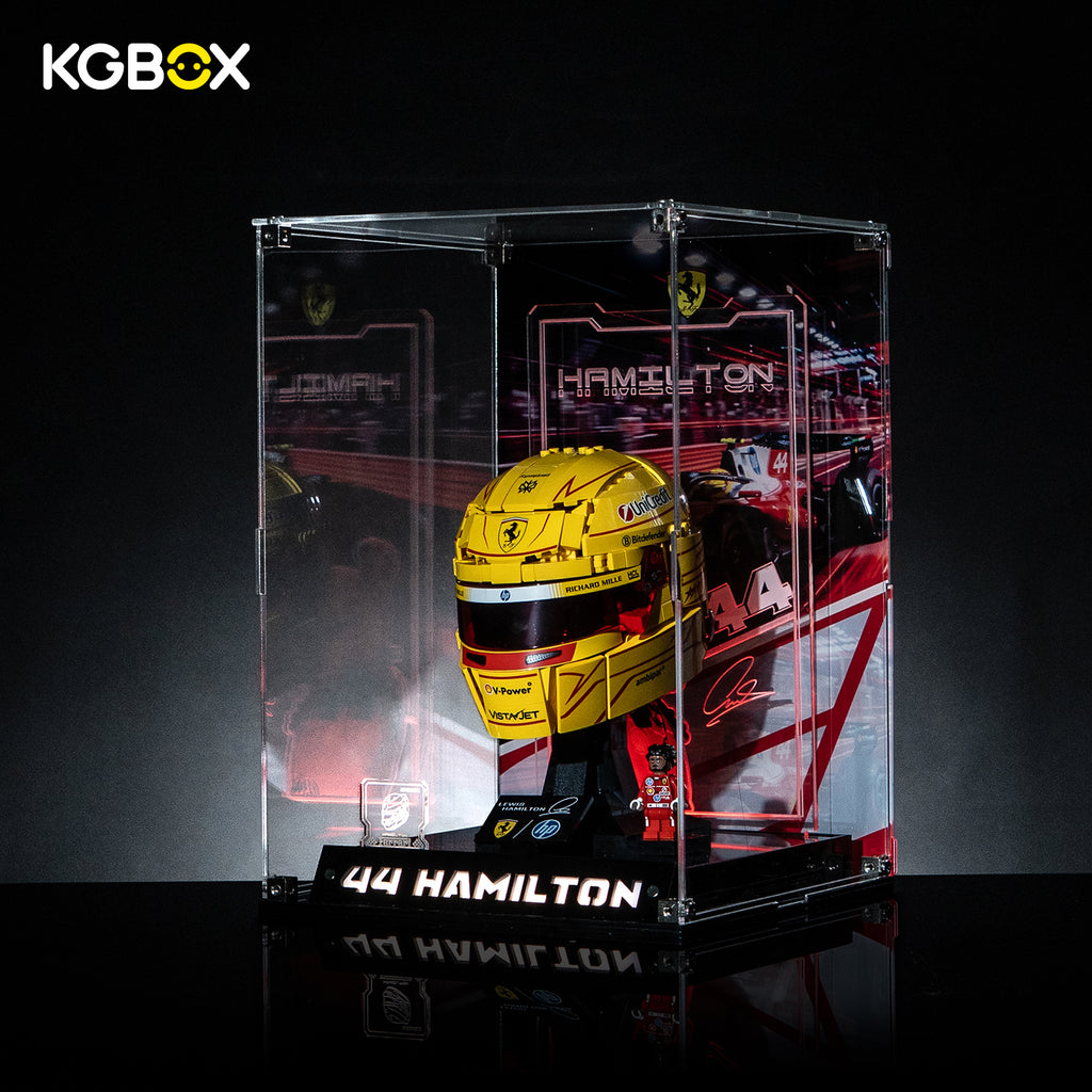 Side view of lit KGBOX Premium Collector Edition display case for LEGO 43022 Lewis Hamilton helmet