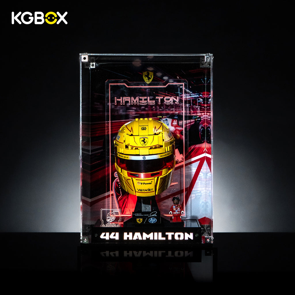 KGBOX Premium Collector Edition lit display case with LED lights, nameplate and laser-etched insert for LEGO 43022 Lewis Hamilton Ferrari Helmet
