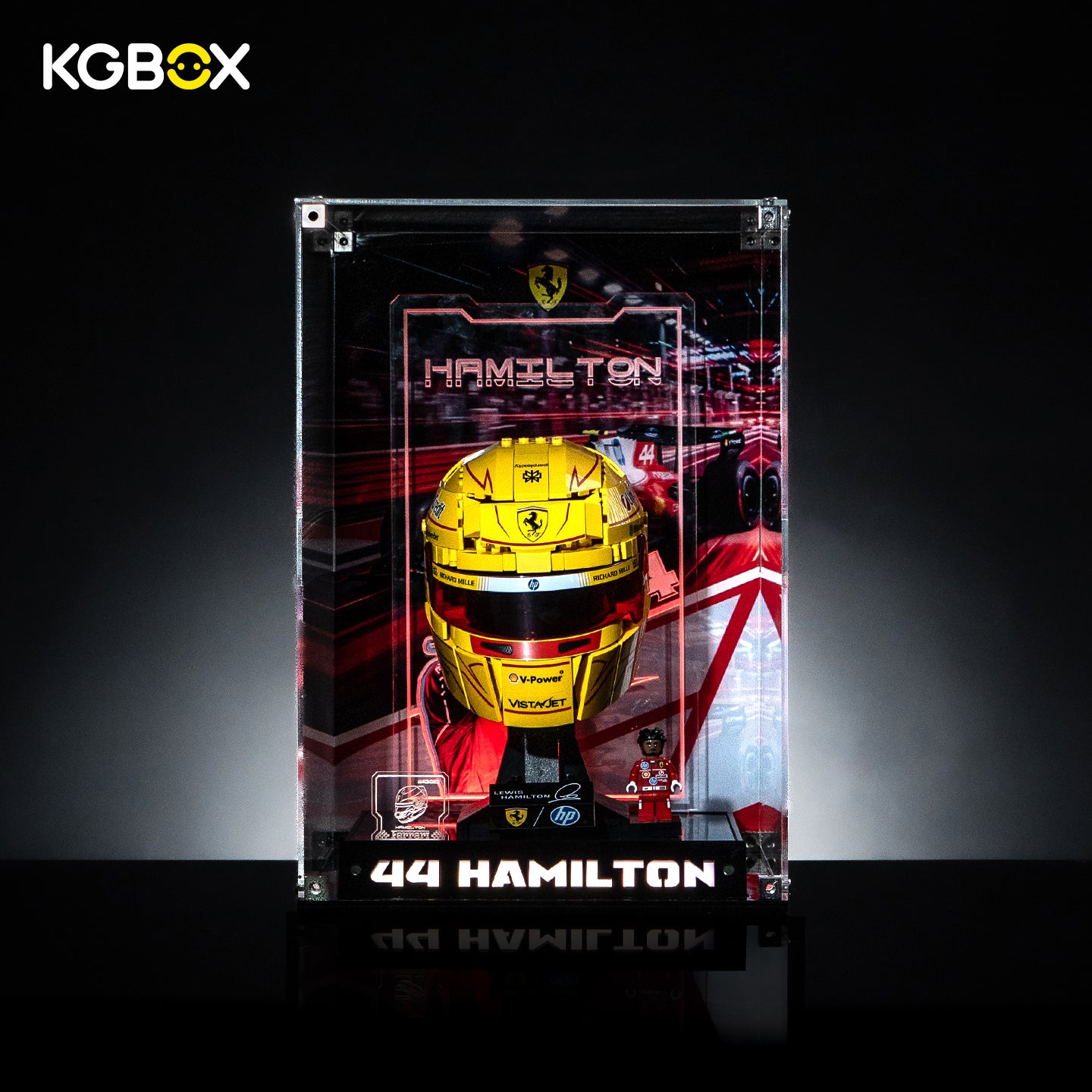 KGBOX Premium Collector Edition lit display case with LED lights, nameplate and laser-etched insert for LEGO 43022 Lewis Hamilton Ferrari Helmet