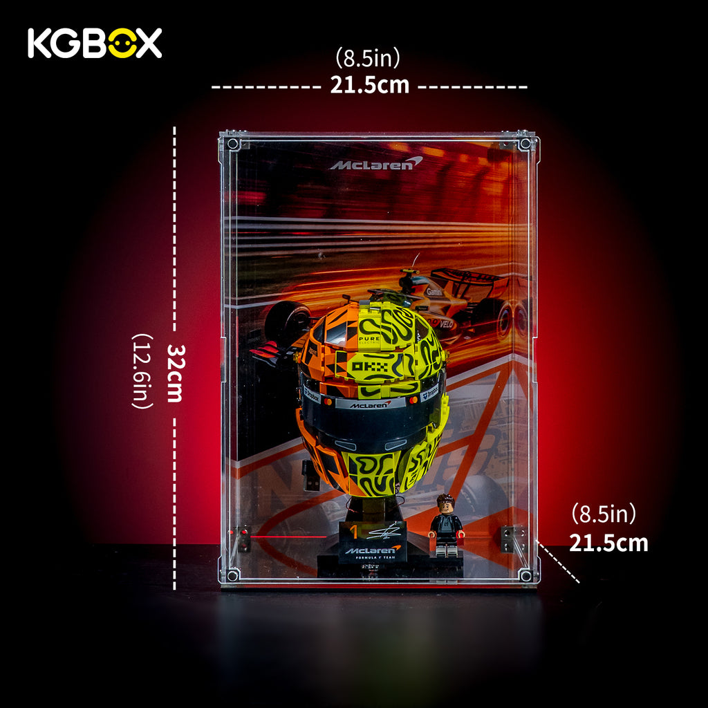 Size dimension chart and assembly reference for KGBOX standard display case for LEGO 43023 Lando Norris McLaren Helmet