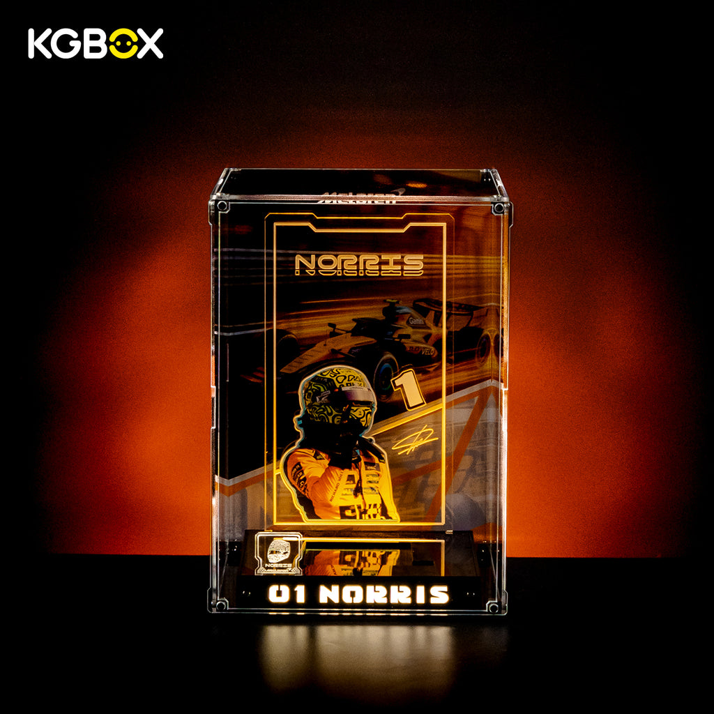 Empty KGBOX Premium Collector Modular Edition showcase with LED lighting, nameplate and laser‑etched insert, UV backplate & mirror base, no LEGO helmet