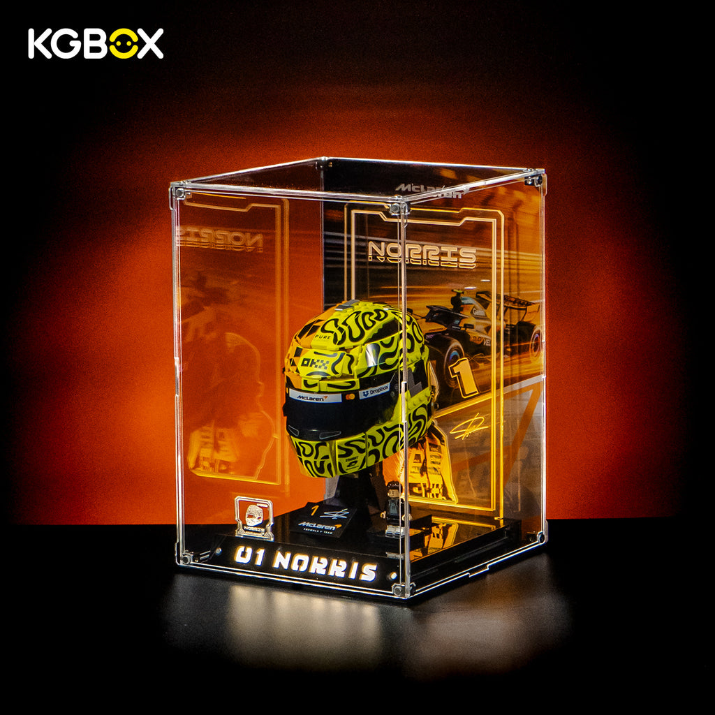 Side profile of KGBOX Premium Collector Modular Edition lit display case for LEGO 43023 Lando Norris McLaren Helmet