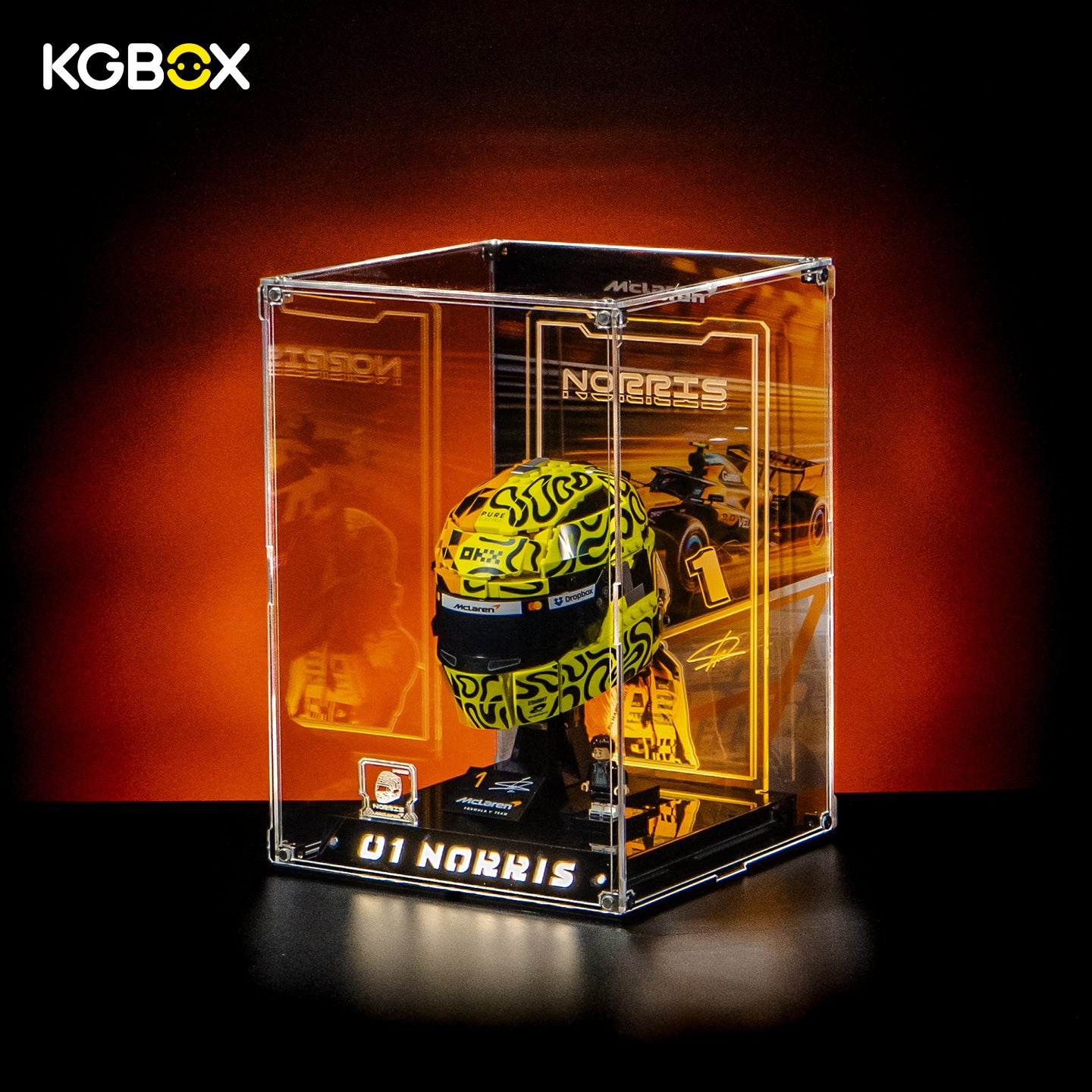 Side profile of KGBOX Premium Collector Modular Edition lit display case for LEGO 43023 Lando Norris McLaren Helmet