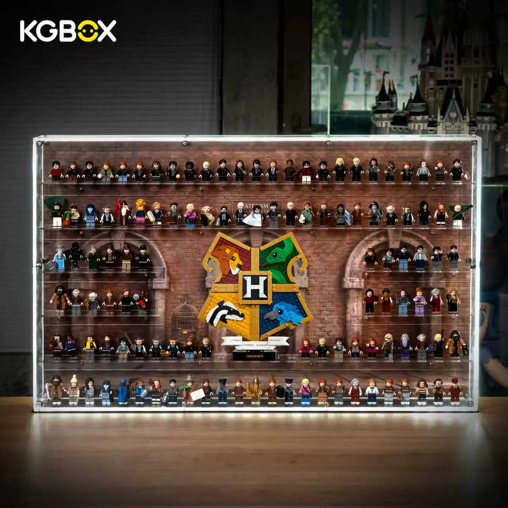 KGBOX LED wall‑mount acrylic display case with upgraded 5mm outer frame, LEGO 76462 Hogwarts House Crest and 124 Harry Potter minifigures, lit front main view