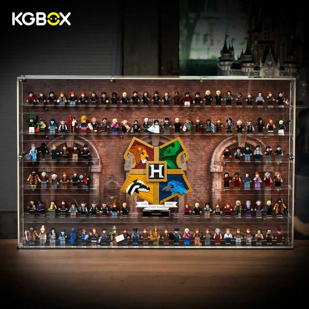 KGBOX wall‑mount acrylic display case , LEGO 76462 Hogwarts House Crest and 124 Harry Potter minifigures