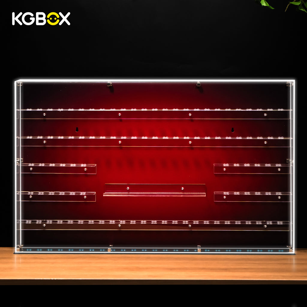 Empty KGBOX LED wall‑mount showcase with 5mm upgraded outer frame, full‑frame LED glow, no LEGO minifigures or logo included