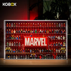 KGBOX LED wall‑mount acrylic display case with upgraded 5mm outer frame, loaded with LEGO 76313 Marvel Logo and 124 Marvel minifigures, lit front main view