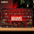 KGBOX standard full‑3mm wall‑mount acrylic display case loaded with LEGO 76313 Marvel Logo and 124 Marvel minifigures, front view