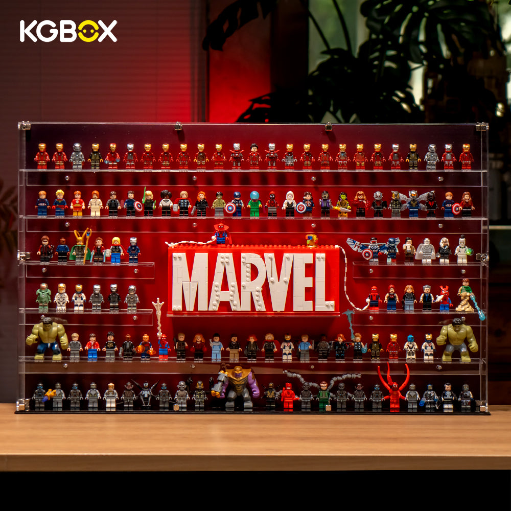 KGBOX standard full‑3mm wall‑mount acrylic display case loaded with LEGO 76313 Marvel Logo and 124 Marvel minifigures, front view