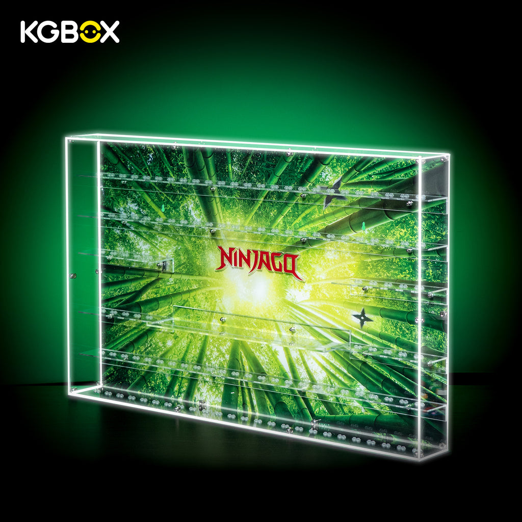 Empty KGBOX 5mm thick LED wall hanging acrylic showcase for 120 LEGO Ninjago minifigures, side profile view