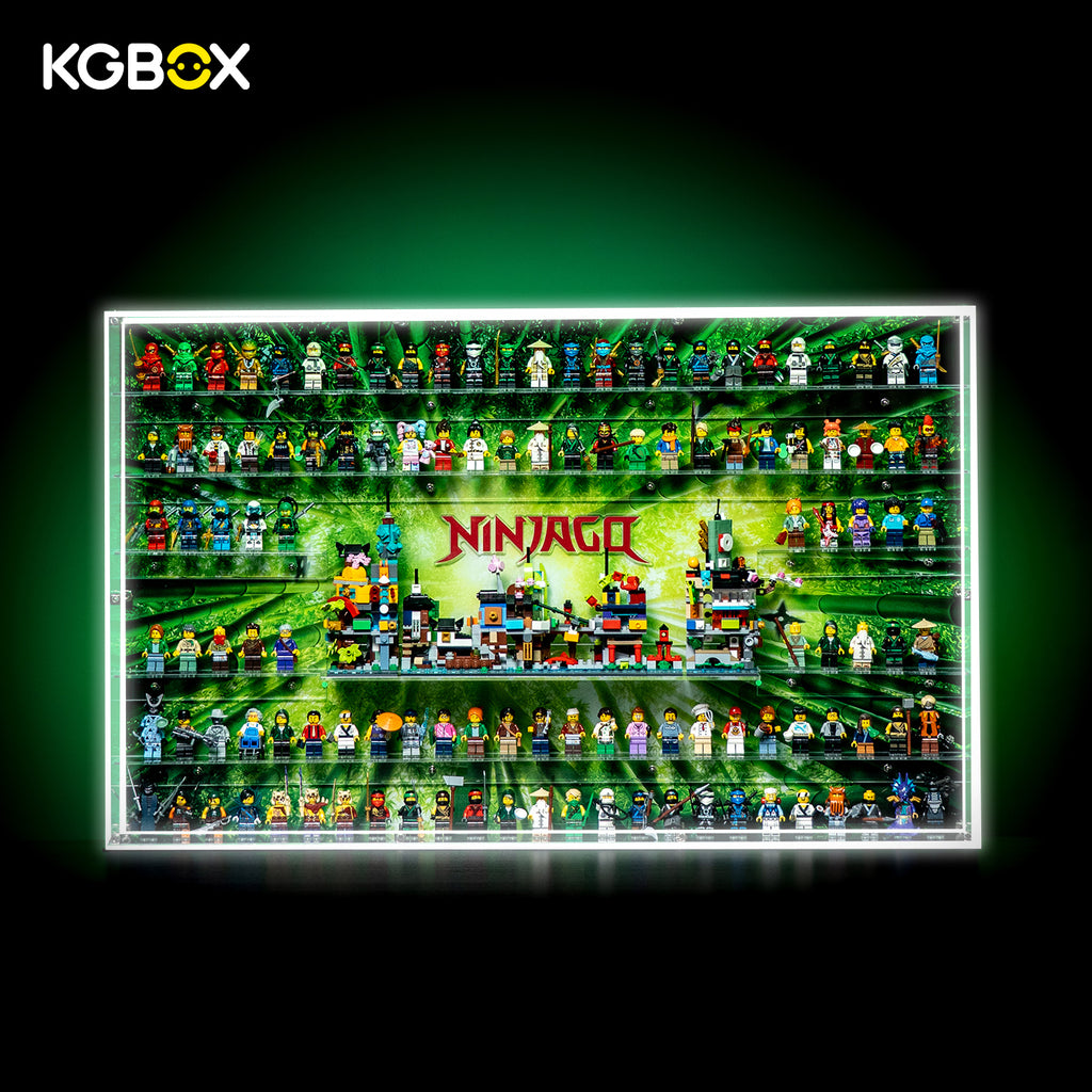 KGBOX 5mm thick LED wall‑mount acrylic display case fully filled with 120 LEGO Ninjago minifigures, lit front main view