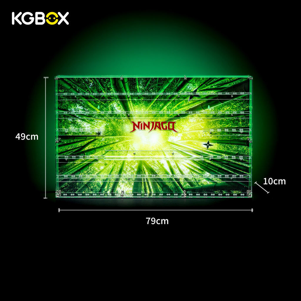 Size dimension chart and installation reference for KGBOX Ninjago 120 minifigure wall‑mount display case