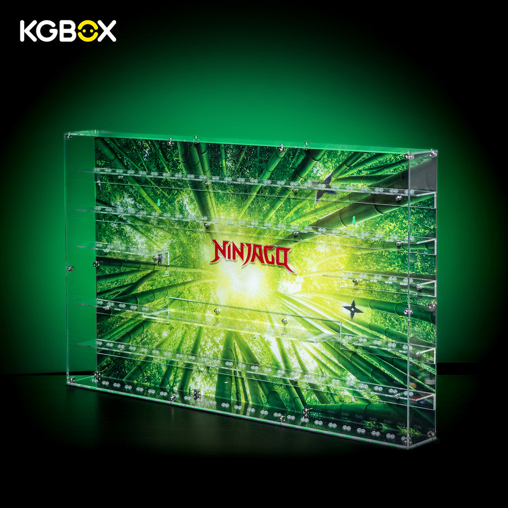 Empty KGBOX 3mm standard wall hanging acrylic showcase for 120 LEGO Ninjago minifigures, side profile view
