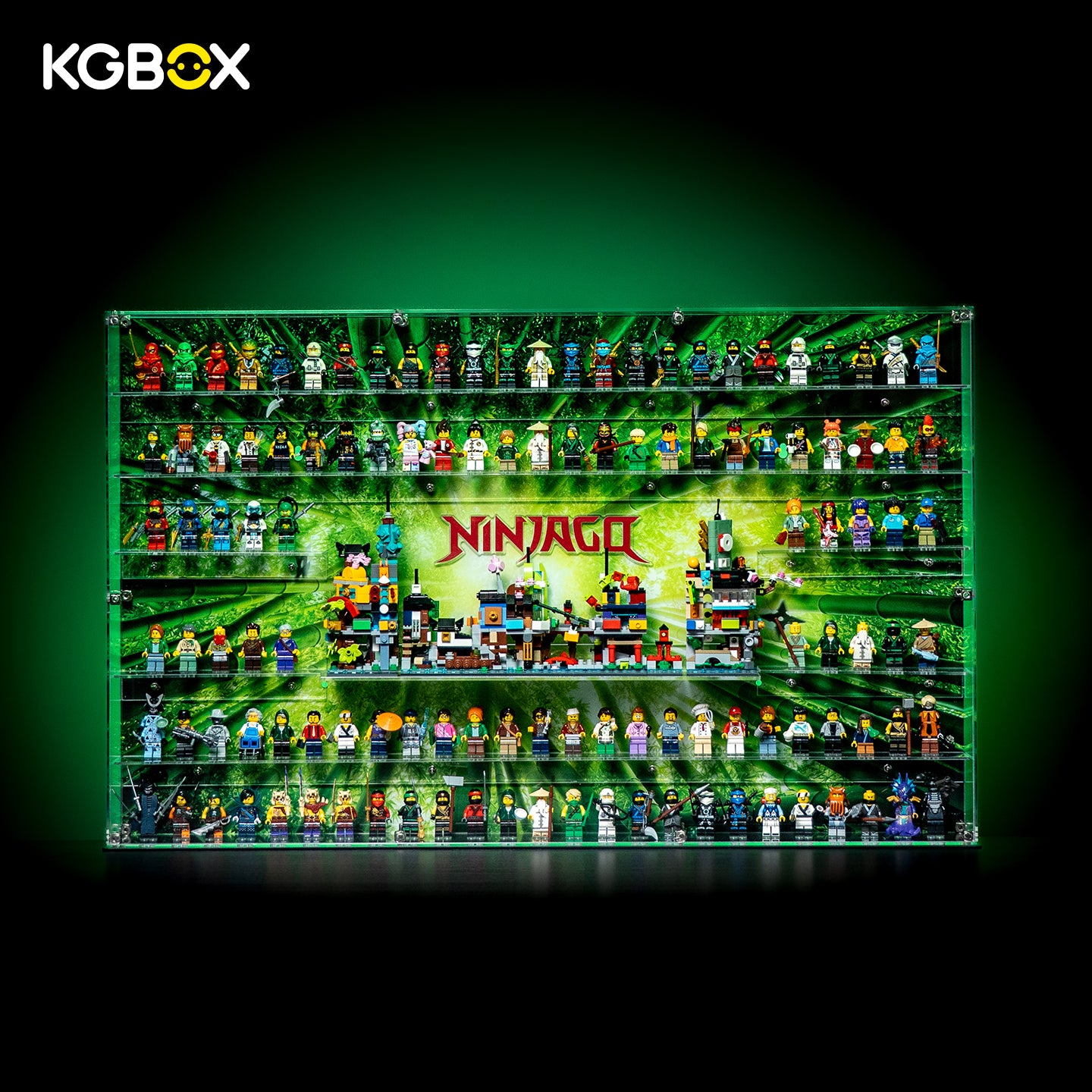 KGBOX 3mm standard acrylic display case fully filled with 120 LEGO Ninjago minifigures, lit front main view