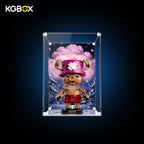 KGBOX Modular Assembly Edition acrylic display case loaded with LEGO 75643 Tony Tony Chopper, UV backplate, magnetic door and mirror base, front view