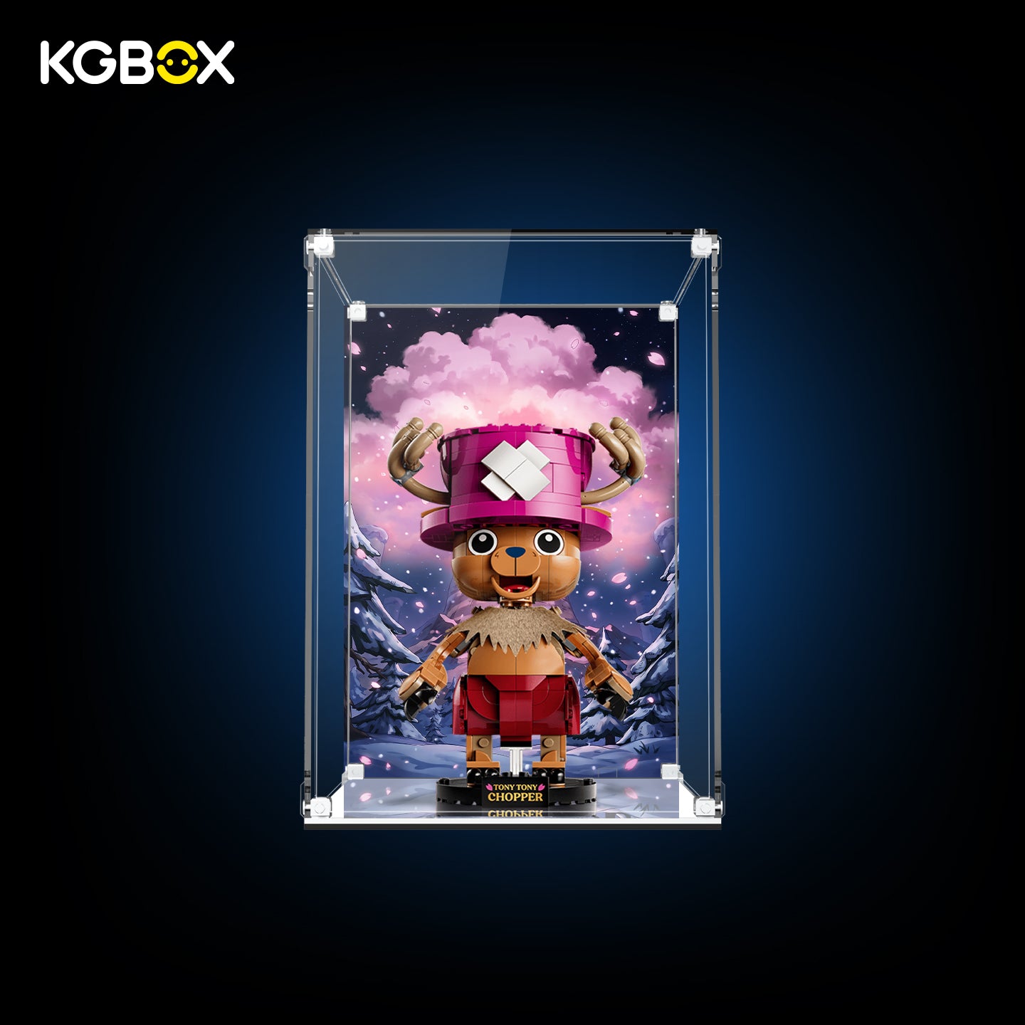 KGBOX Modular Assembly Edition acrylic display case loaded with LEGO 75643 Tony Tony Chopper, UV backplate, magnetic door and mirror base, front view