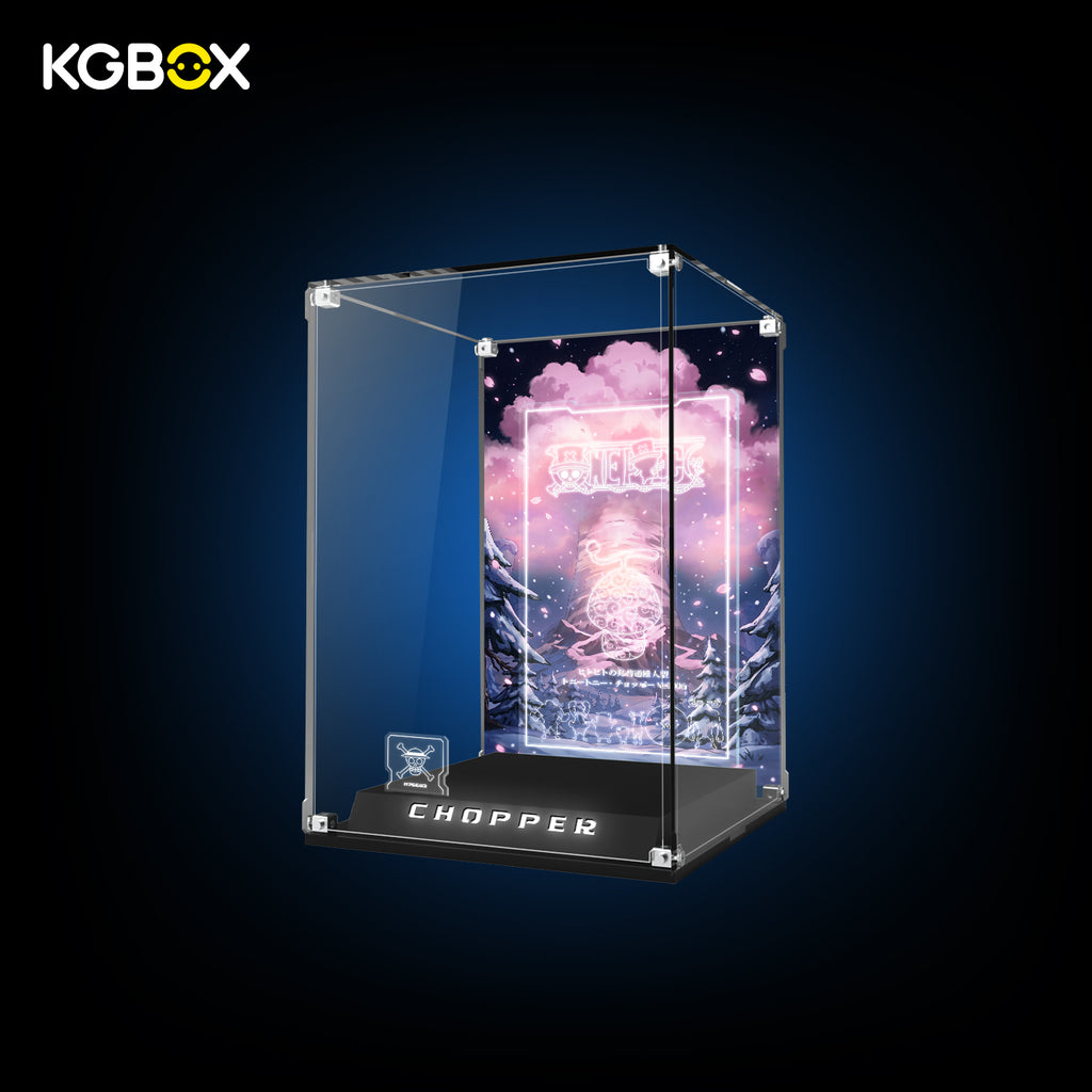 Empty KGBOX Premium Collector Modular Edition showcase with LED lighting, nameplate and laser‑etched insert, UV backplate & mirror base, no LEGO figure