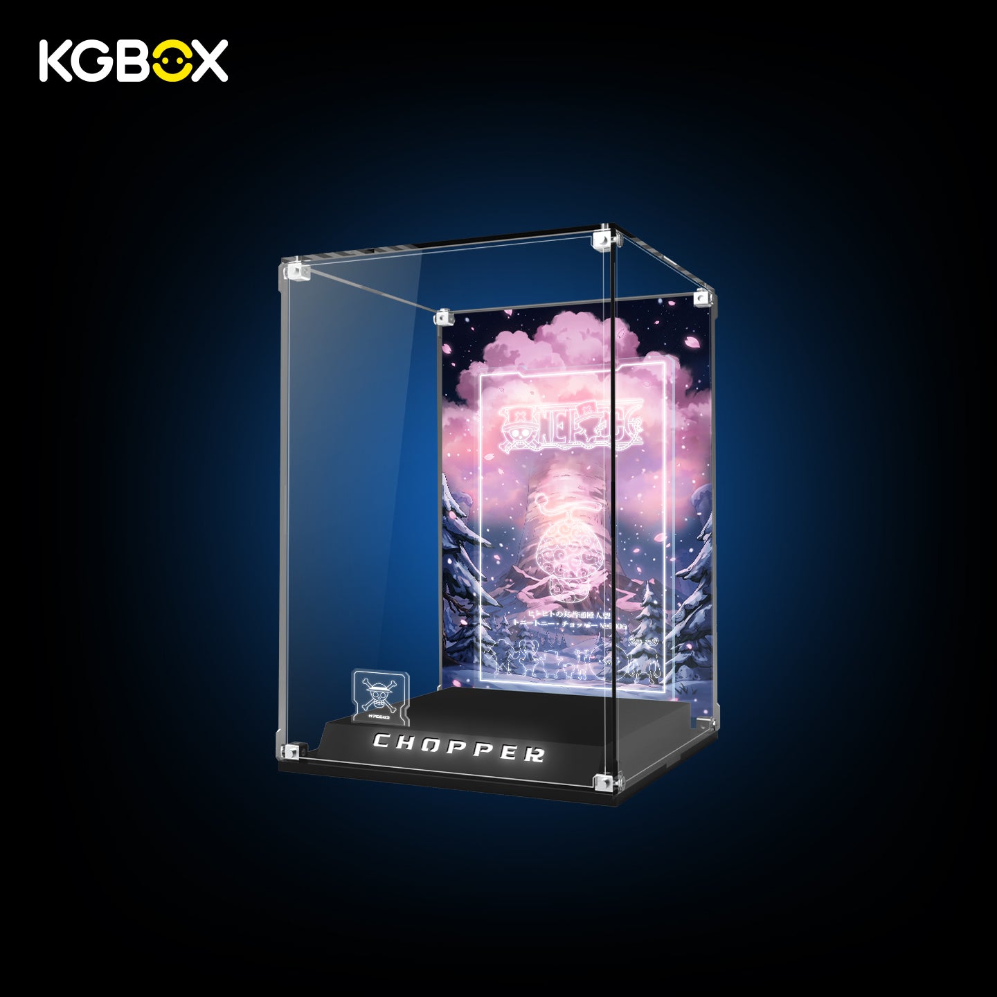 Empty KGBOX Premium Collector Modular Edition showcase with LED lighting, nameplate and laser‑etched insert, UV backplate & mirror base, no LEGO figure