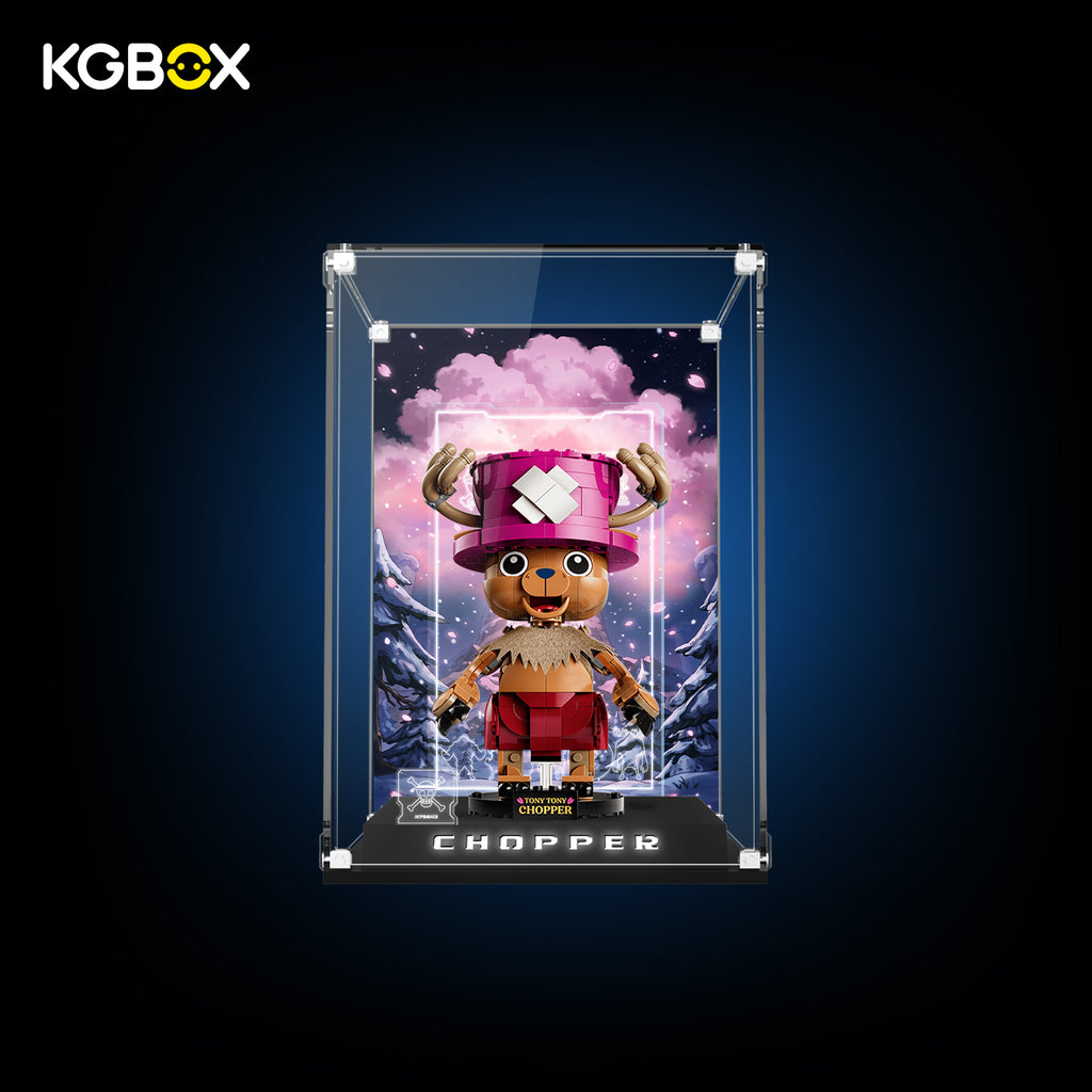 KGBOX Premium Collector Modular Edition display case with LED lights, engraved nameplate & laser‑etched insert, loaded with LEGO 75643 Tony Tony Chopper, front lit view