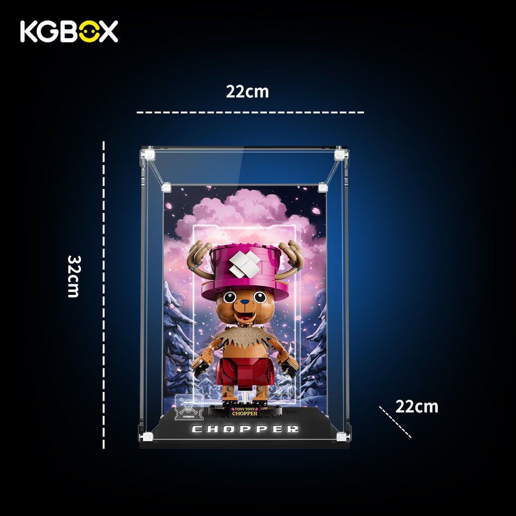 Size dimension chart and assembly reference for KGBOX display case for LEGO 75643 Tony Tony Chopper