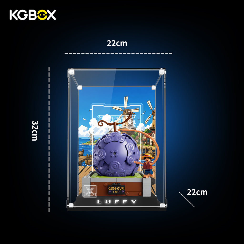 Size dimension chart and assembly reference for KGBOX display case for LEGO 75647 Gum‑Gum Fruit