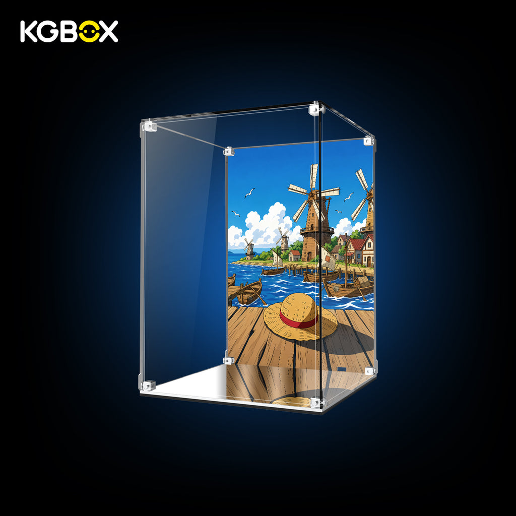 Empty KGBOX Modular Assembly Edition acrylic showcase for LEGO75647 Gum‑Gum Fruit, UV‑printed backplate, mirror bottom, no model included